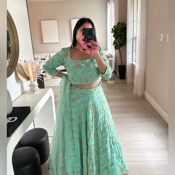 Indian Turquoise Blue & Gold Lehenga - Picture 4 of 8